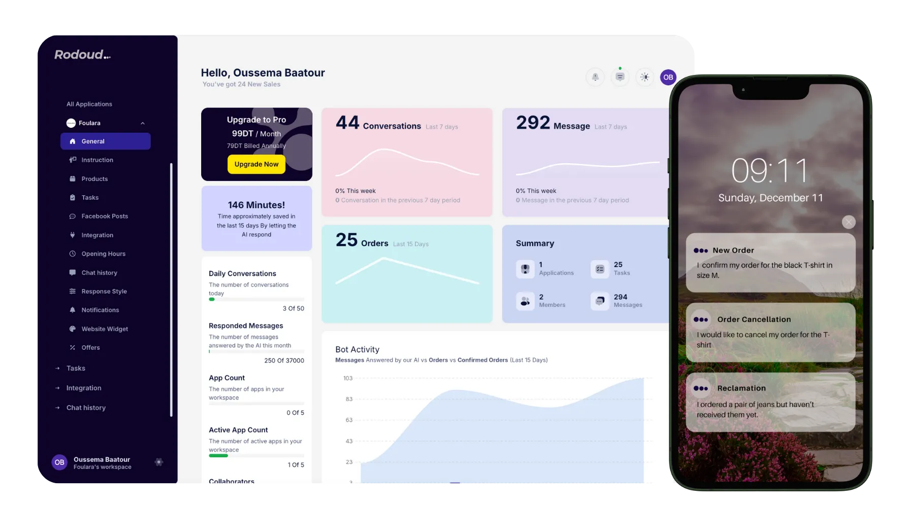 Rodoud dashboard showing conversations, orders and bot activity, next to a phone displaying new order, cancellation and complaint notifications